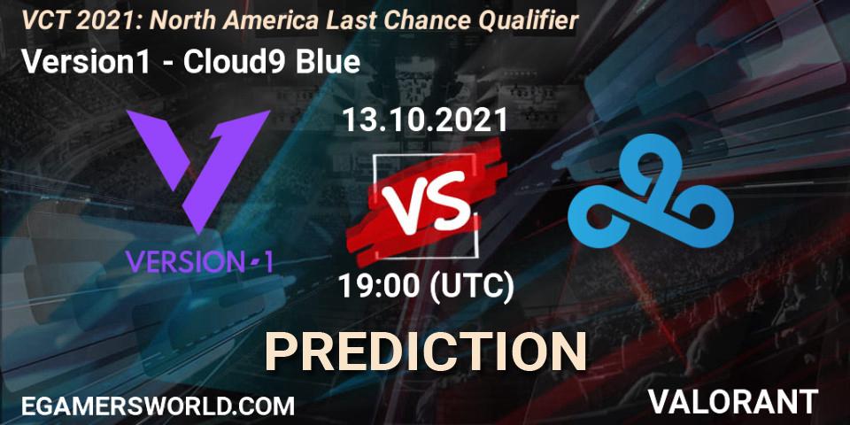 Version1 contre Cloud9 Blue : prédiction de match. 27.10.2021 at 22:30. VALORANT, VCT 2021: North America Last Chance Qualifier