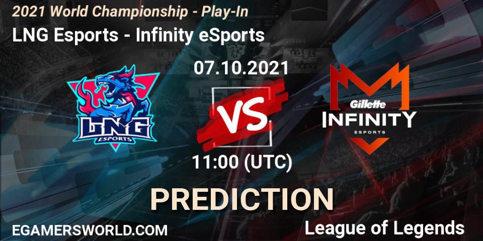 LNG Esports contre Infinity eSports : prédiction de match. 07.10.2021 at 11:00. LoL, 2021 World Championship - Play-In