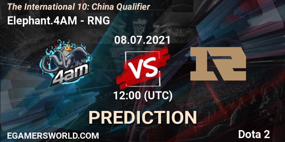 Elephant.4AM contre RNG : prédiction de match. 08.07.2021 at 11:16. Dota 2, The International 10: China Qualifier