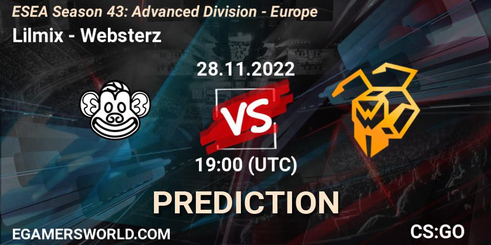 Lilmix contre Websterz : prédiction de match. 28.11.22. CS2 (CS:GO), ESEA Season 43: Advanced Division - Europe