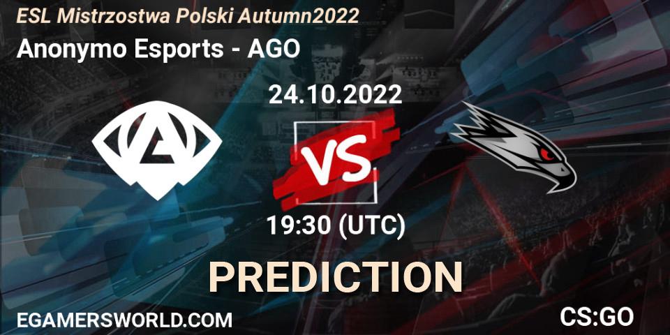 Anonymo Esports contre AGO : prédiction de match. 24.10.2022 at 18:15. Counter-Strike (CS2), ESL Mistrzostwa Polski Autumn 2022