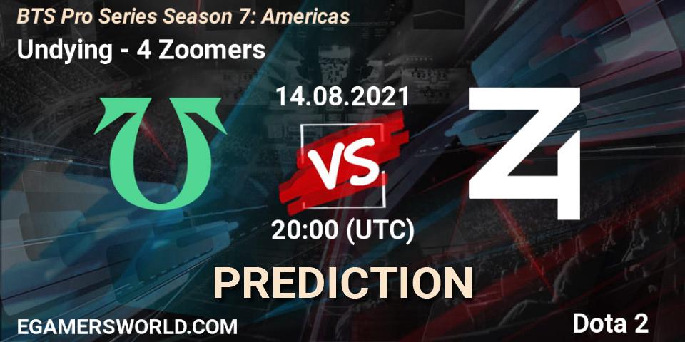 Undying contre 4 Zoomers : prédiction de match. 14.08.2021 at 20:01. Dota 2, BTS Pro Series Season 7: Americas