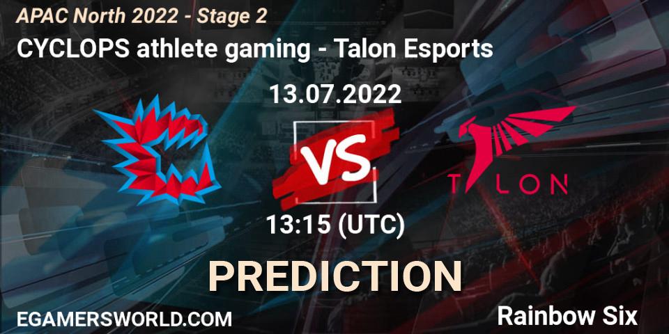 CYCLOPS athlete gaming contre Talon Esports : prédiction de match. 13.07.2022 at 13:15. Rainbow Six, APAC North 2022 - Stage 2