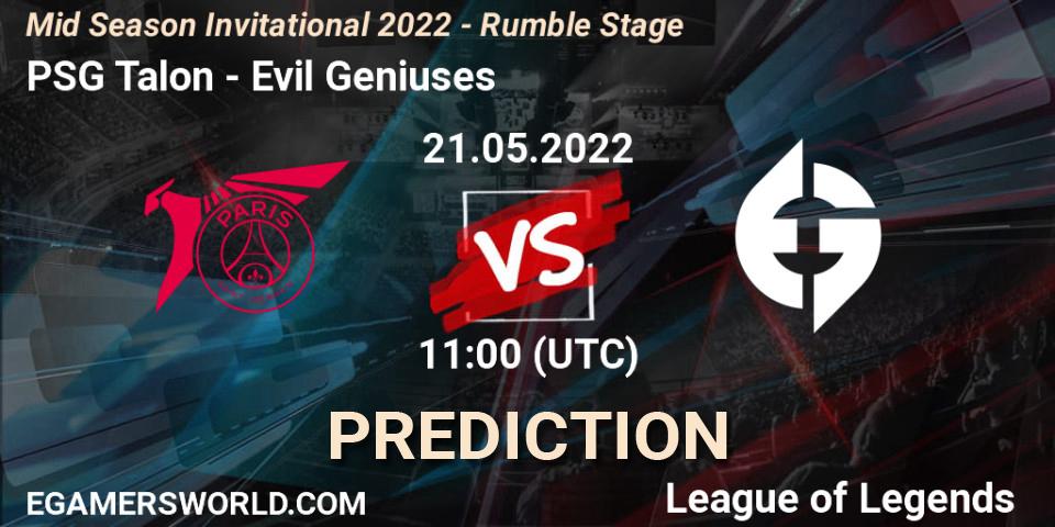 PSG Talon contre Evil Geniuses : prédiction de match. 21.05.2022 at 11:00. LoL, Mid Season Invitational 2022 - Rumble Stage