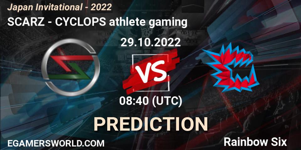 SCARZ contre CYCLOPS athlete gaming : prédiction de match. 29.10.2022 at 08:40. Rainbow Six, Japan Invitational - 2022