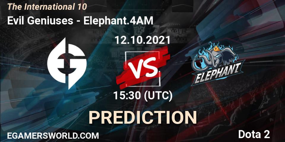 Evil Geniuses contre Elephant.4AM : prédiction de match. 12.10.2021 at 19:42. Dota 2, The Internationa 2021