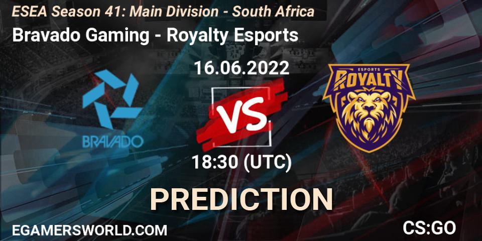 Bravado Gaming contre Royalty Esports : prédiction de match. 16.06.2022 at 18:00. Counter-Strike (CS2), ESEA Season 41: Main Division - South Africa