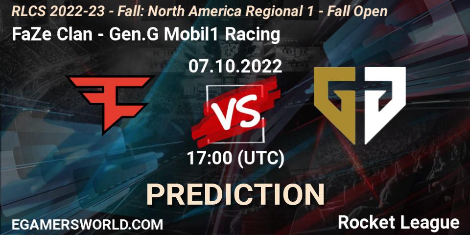 FaZe Clan contre Gen.G Mobil1 Racing : prédiction de match. 07.10.2022 at 17:00. Rocket League, RLCS 2022-23 - Fall: North America Regional 1 - Fall Open