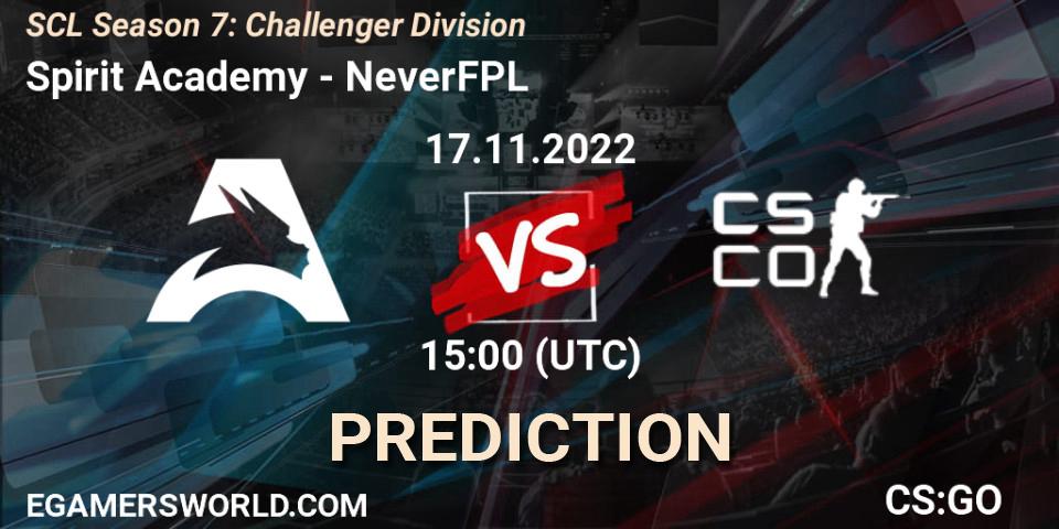 Spirit Academy contre NeverFPL : prédiction de match. 17.11.2022 at 12:00. Counter-Strike (CS2), SCL Season 7: Challenger Division