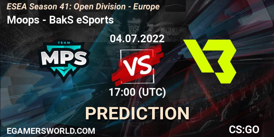 Moops contre BakS eSports : prédiction de match. 04.07.2022 at 17:00. Counter-Strike (CS2), ESEA Season 41: Open Division - Europe