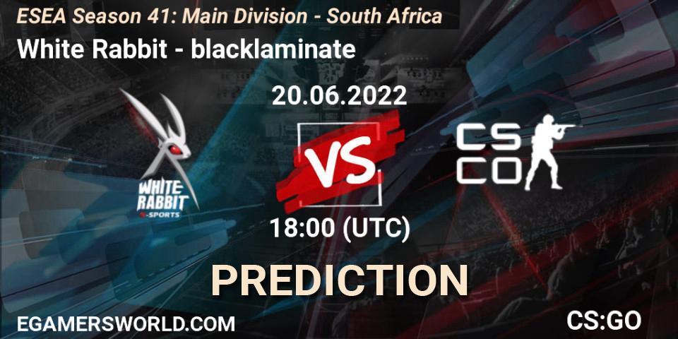 White Rabbit contre blacklaminate : prédiction de match. 20.06.2022 at 18:00. Counter-Strike (CS2), ESEA Season 41: Main Division - South Africa