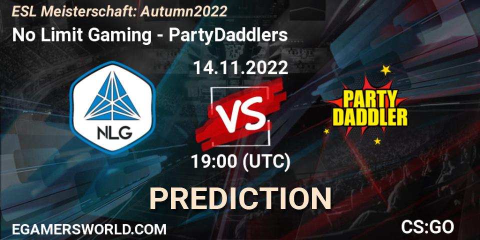 No Limit Gaming contre PartyDaddlers : prédiction de match. 17.11.2022 at 19:00. Counter-Strike (CS2), ESL Meisterschaft: Autumn 2022