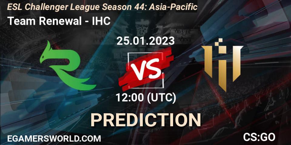 Team Renewal contre IHC : prédiction de match. 25.01.2023 at 12:00. Counter-Strike (CS2), ESL Challenger League Season 44: Asia-Pacific