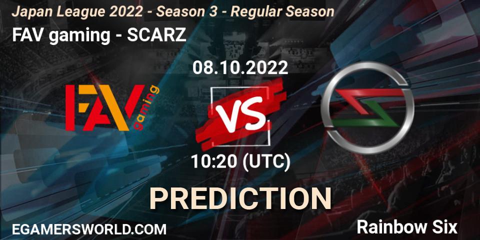 FAV gaming contre SCARZ : prédiction de match. 08.10.2022 at 10:20. Rainbow Six, Japan League 2022 - Season 3 - Regular Season