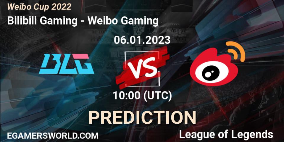 Bilibili Gaming contre Weibo Gaming : prédiction de match. 06.01.2023 at 10:00. LoL, Weibo Cup 2022