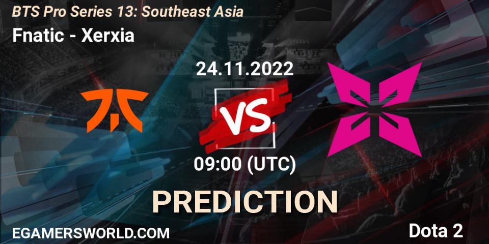 Fnatic contre Xerxia : prédiction de match. 24.11.2022 at 09:04. Dota 2, BTS Pro Series 13: Southeast Asia