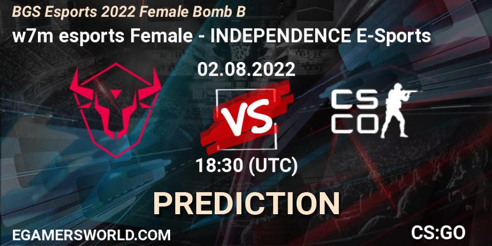 w7m esports Female contre INDEPENDENCE E-Sports : prédiction de match. 02.08.2022 at 18:30. Counter-Strike (CS2), Monster Energy BGS Bomb B Women Cup 2022