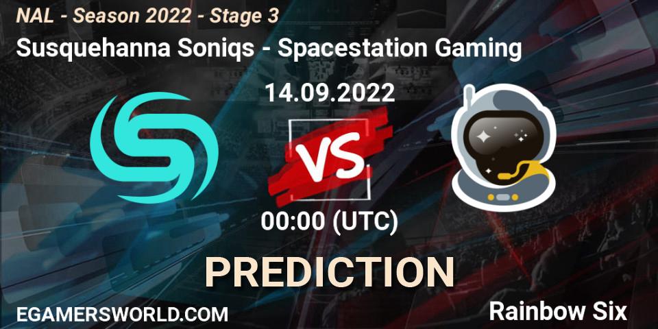 Susquehanna Soniqs contre Spacestation Gaming : prédiction de match. 14.09.2022 at 00:00. Rainbow Six, NAL - Season 2022 - Stage 3
