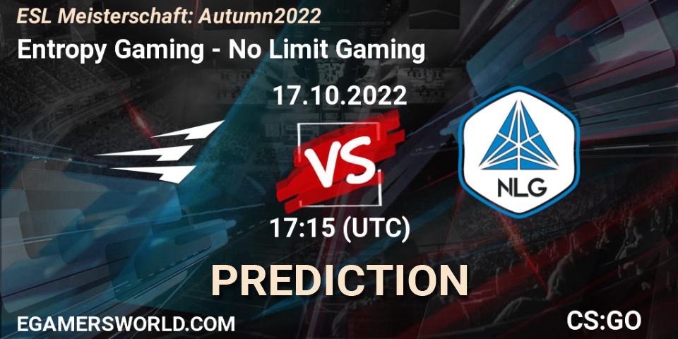 Entropy Gaming contre No Limit Gaming : prédiction de match. 17.10.2022 at 17:15. Counter-Strike (CS2), ESL Meisterschaft: Autumn 2022