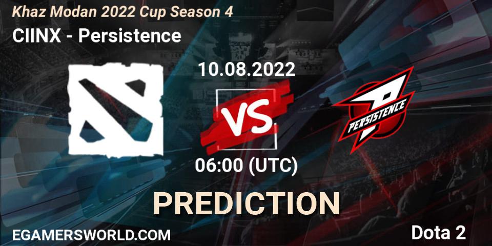 CIINX contre Persistence : prédiction de match. 10.08.2022 at 06:25. Dota 2, Khaz Modan 2022 Cup Season 4