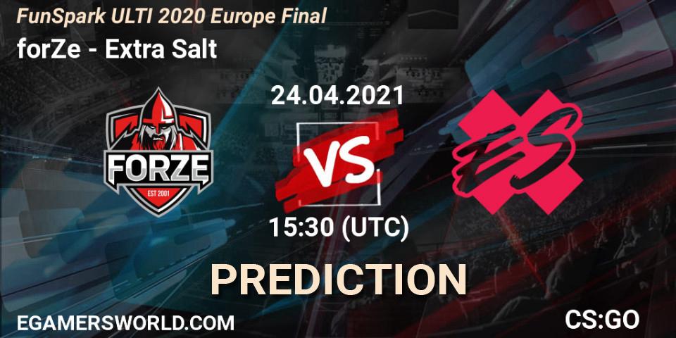 forZe contre Extra Salt : prédiction de match. 24.04.2021 at 15:30. Counter-Strike (CS2), Funspark ULTI 2020 Finals