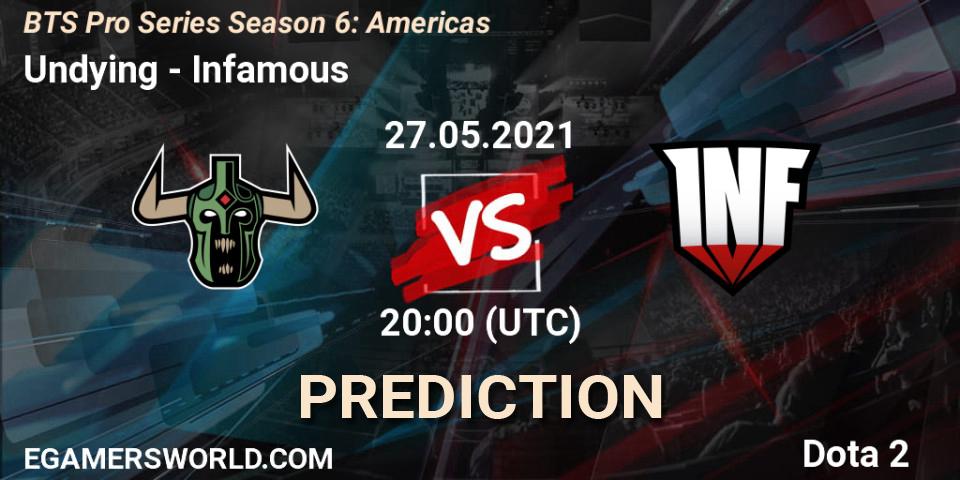 Undying contre Infamous : prédiction de match. 27.05.2021 at 20:00. Dota 2, BTS Pro Series Season 6: Americas