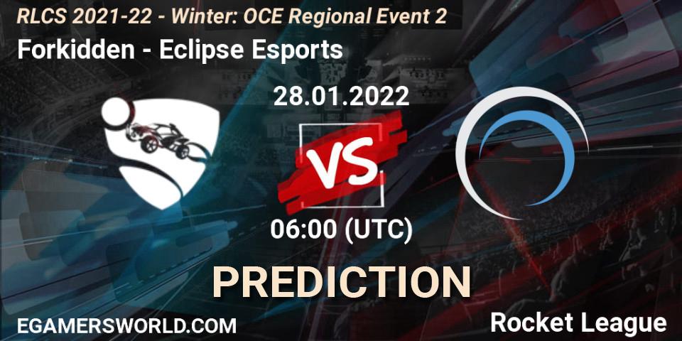 Forkidden contre Eclipse Esports : prédiction de match. 28.01.2022 at 06:00. Rocket League, RLCS 2021-22 - Winter: OCE Regional Event 2