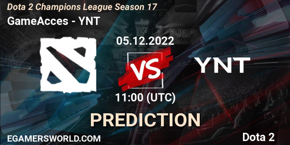 GameAcces contre YNT : prédiction de match. 05.12.2022 at 11:00. Dota 2, Dota 2 Champions League Season 17