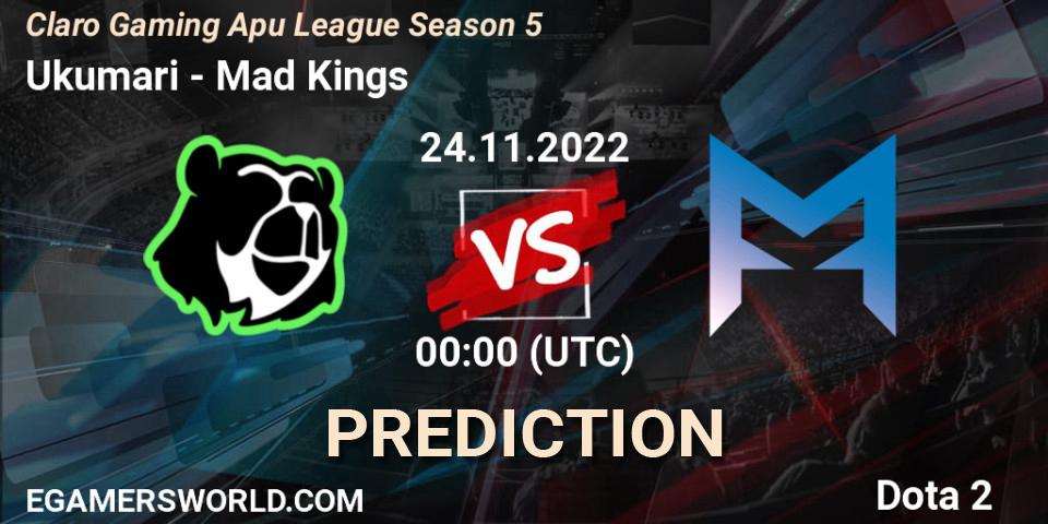 Ukumari contre Mad Kings : prédiction de match. 24.11.2022 at 01:27. Dota 2, Claro Gaming Apu League Season 5
