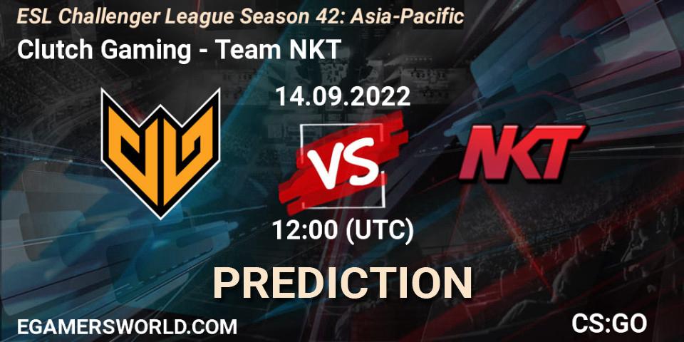 Clutch Gaming contre Team NKT : prédiction de match. 14.09.2022 at 12:00. Counter-Strike (CS2), ESL Challenger League Season 42: Asia-Pacific