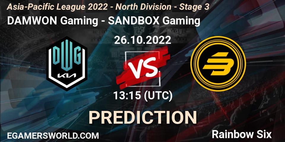 DAMWON Gaming contre SANDBOX Gaming : prédiction de match. 26.10.2022 at 13:15. Rainbow Six, Asia-Pacific League 2022 - North Division - Stage 3
