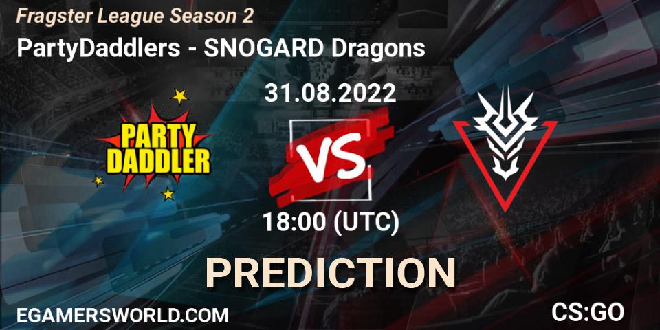 PartyDaddlers contre SNOGARD Dragons : prédiction de match. 31.08.2022 at 18:00. Counter-Strike (CS2), Fragster League Season 2