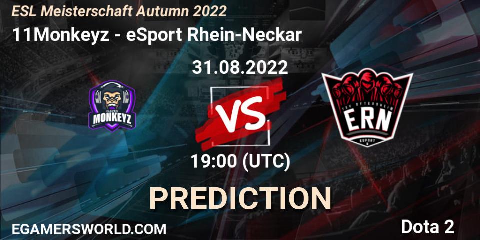 11Monkeyz contre eSport Rhein-Neckar : prédiction de match. 31.08.2022 at 19:00. Dota 2, ESL Meisterschaft Autumn 2022