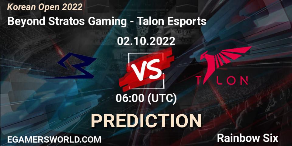 Beyond Stratos Gaming contre Talon Esports : prédiction de match. 02.10.2022 at 06:00. Rainbow Six, Korean Open 2022