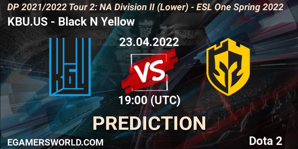 KBU.US contre Black N Yellow : prédiction de match. 23.04.2022 at 18:55. Dota 2, DP 2021/2022 Tour 2: NA Division II (Lower) - ESL One Spring 2022
