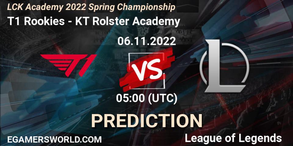 T1 Rookies contre KT Rolster Academy : prédiction de match. 06.11.2022 at 05:00. LoL, LCK Academy 2022 Spring Championship