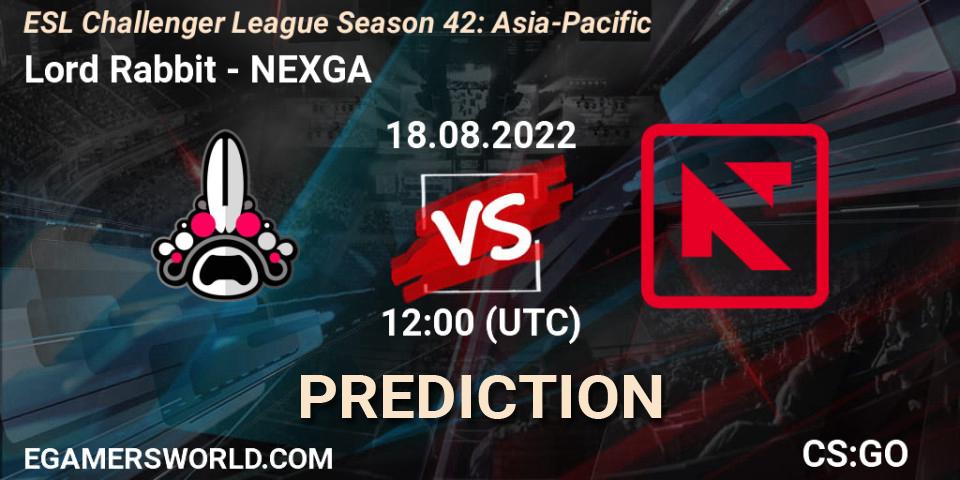 Lord Rabbit contre NEXGA : prédiction de match. 18.08.2022 at 12:00. Counter-Strike (CS2), ESL Challenger League Season 42: Asia-Pacific