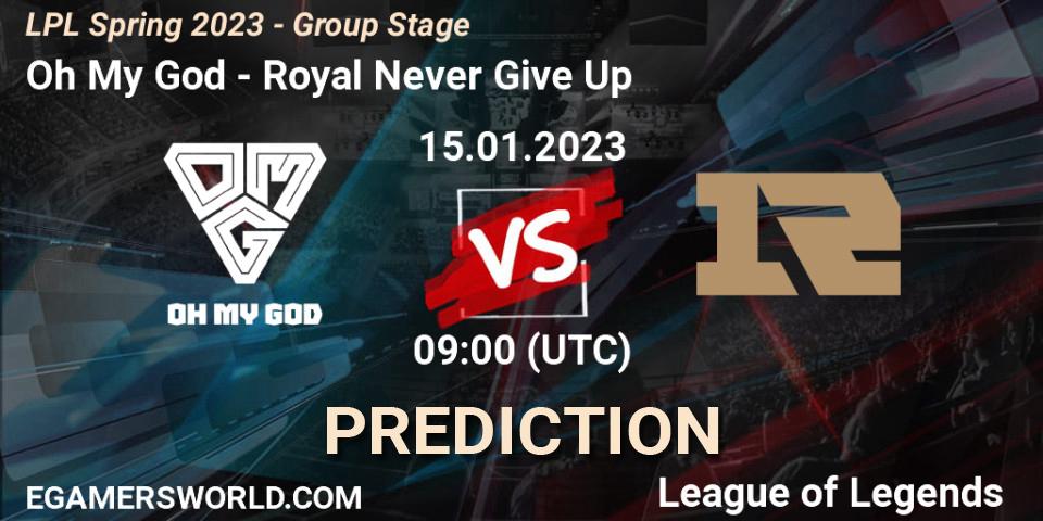 Oh My God contre Royal Never Give Up : prédiction de match. 15.01.2023 at 10:17. LoL, LPL Spring 2023 - Group Stage