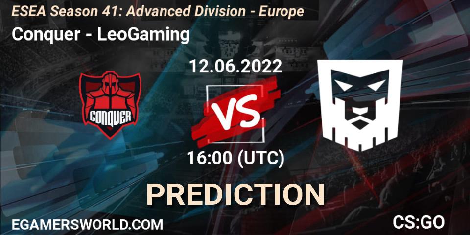 Conquer contre LeoGaming : prédiction de match. 12.06.2022 at 16:00. Counter-Strike (CS2), ESEA Season 41: Advanced Division - Europe