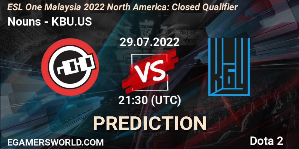 Nouns contre KBU.US : prédiction de match. 29.07.2022 at 21:34. Dota 2, ESL One Malaysia 2022 North America: Closed Qualifier