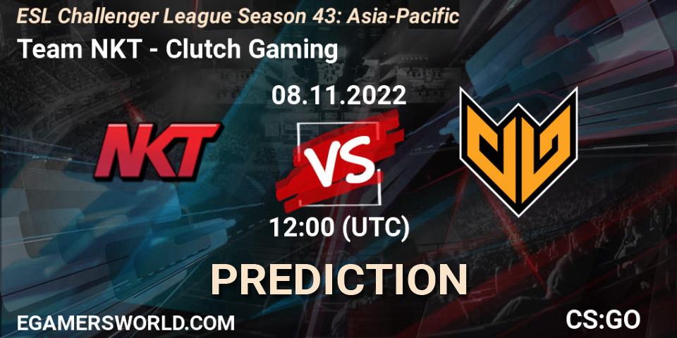 Team NKT contre Clutch Gaming : prédiction de match. 08.11.2022 at 12:00. Counter-Strike (CS2), ESL Challenger League Season 43: Asia-Pacific