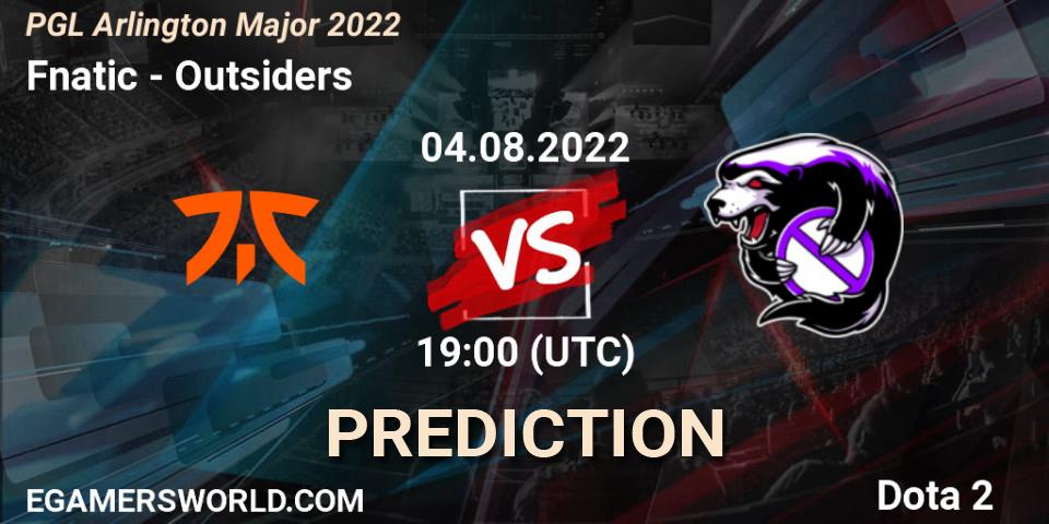 Fnatic contre Outsiders : prédiction de match. 04.08.2022 at 19:37. Dota 2, PGL Arlington Major 2022 - Group Stage