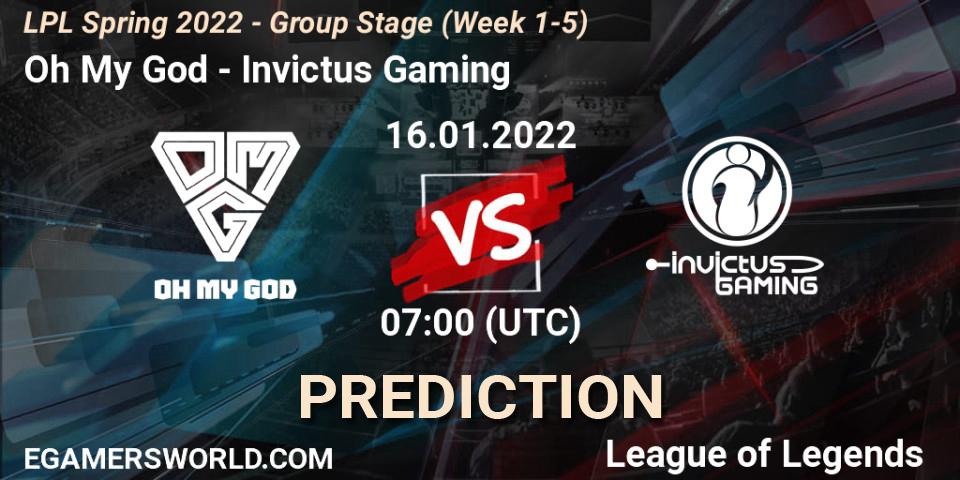 Oh My God contre Invictus Gaming : prédiction de match. 16.01.2022 at 07:00. LoL, LPL Spring 2022 - Group Stage (Week 1-5)