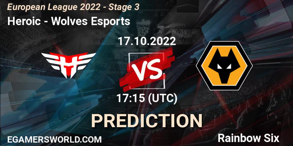 Heroic contre Wolves Esports : prédiction de match. 17.10.2022 at 18:30. Rainbow Six, European League 2022 - Stage 3