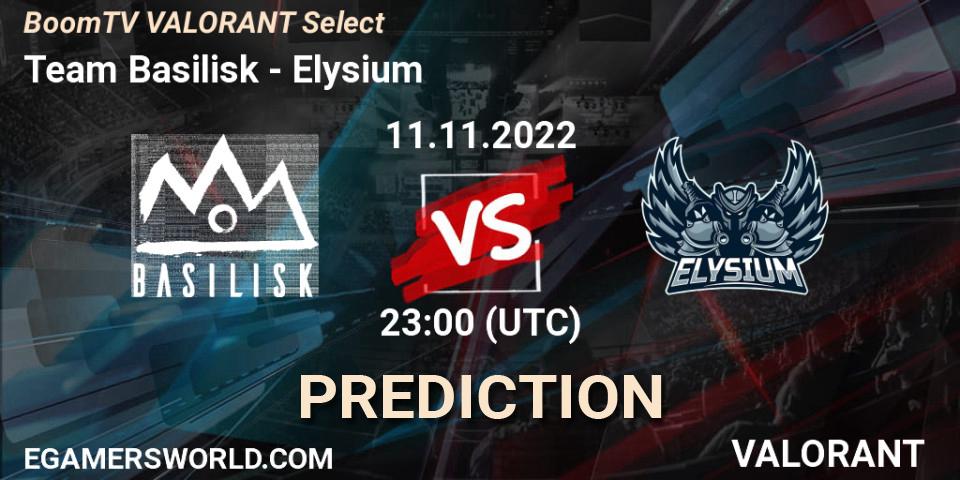 Team Basilisk contre Elysium : prédiction de match. 11.11.2022 at 23:00. VALORANT, BoomTV VALORANT Select