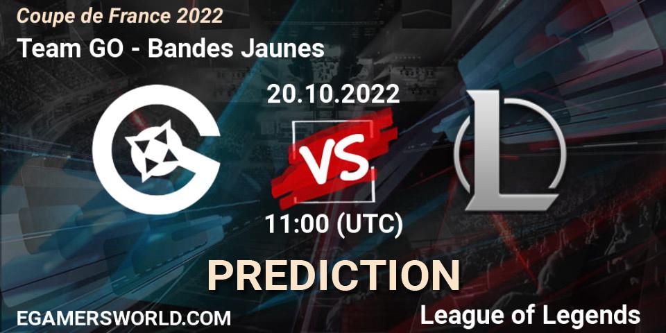 Team GO contre Bandes Jaunes : prédiction de match. 20.10.2022 at 11:00. LoL, Coupe de France 2022