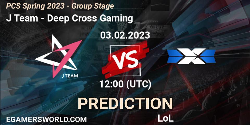 J Team contre Deep Cross Gaming : prédiction de match. 03.02.2023 at 12:30. LoL, PCS Spring 2023 - Group Stage