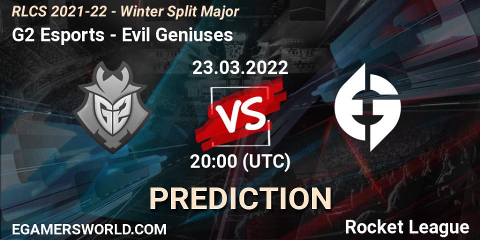 G2 Esports contre Evil Geniuses : prédiction de match. 23.03.2022 at 20:00. Rocket League, RLCS 2021-22 - Winter Split Major