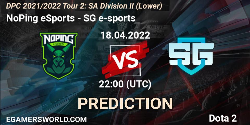 NoPing eSports contre SG e-sports : prédiction de match. 18.04.2022 at 22:00. Dota 2, DPC 2021/2022 Tour 2: SA Division II (Lower)