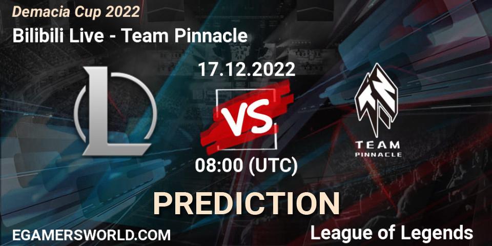 Bilibili Live contre Team Pinnacle : prédiction de match. 17.12.2022 at 08:00. LoL, Demacia Cup 2022
